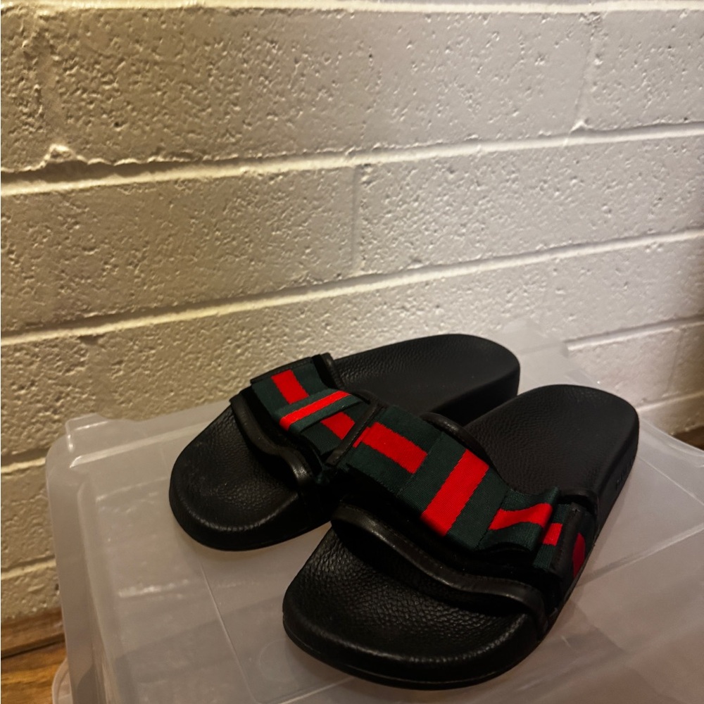 Gucci Black Slides with Red and Green Web Stripe